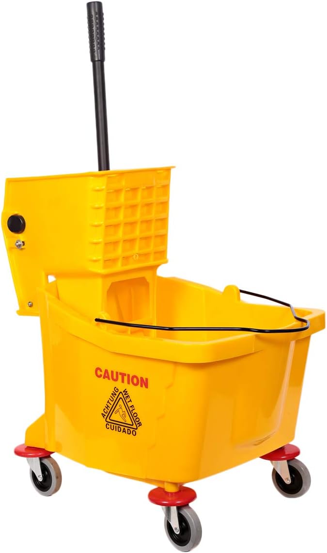 Mop Bucket with Wheel and Wringer, Single Mop Bucket Trolley for Floor Cleaning Mop and Bucket for Commercial Use - 36 Liters, Yellow