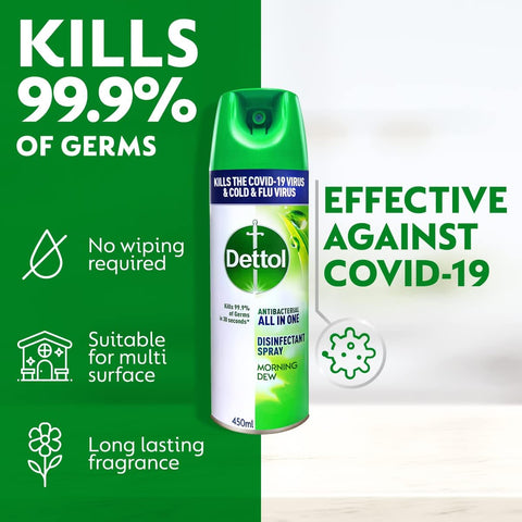 Dettol Antibacterial All in One Disinfectant Spray for use on Sofa, Car Seats, Kitchen Surfaces etc. (Kills 99.9% of Bacteria & Viruses), 450ml