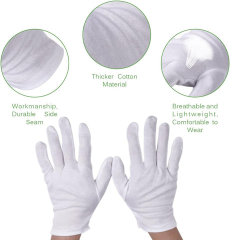 White Cotton Gloves 12 Pairs  Work Gloves for Cosmetic Moisturizing Coin Jewelry Inspection and Spa