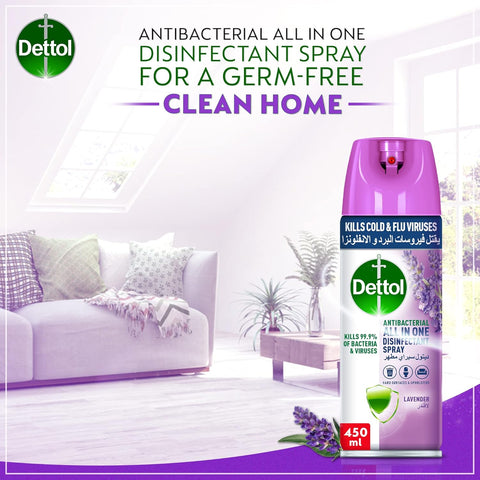 Dettol Antibacterial All in One Disinfectant Spray for use on Sofa, Car Seats, Kitchen Surfaces etc. (Kills 99.9% of Bacteria & Viruses), 450ml