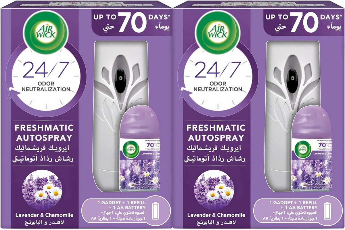 Air Wick Air Freshener Freshmatic Auto Spray Lavender & Chamomile Gadget and Refill, Eliminates Bad Odour like Cat Litter Smell, AIRWICK FRESHMATIC LAVENDER KIT( 2x250ML 1+1 FREE )