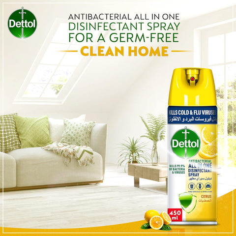 Dettol Antibacterial All in One Disinfectant Spray for use on Sofa, Car Seats, Kitchen Surfaces etc. (Kills 99.9% of Bacteria & Viruses), 450ml