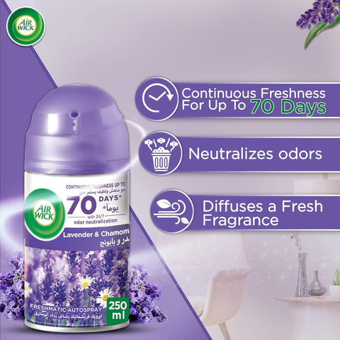 Air Wick Air Freshener Freshmatic Auto Spray Lavender & Chamomile Gadget and Refill, Eliminates Bad Odour like Cat Litter Smell, AIRWICK FRESHMATIC LAVENDER KIT( 2x250ML 1+1 FREE )